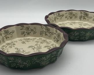 A pair of Temptations Floral Lace green fluted ceramic baking dishes