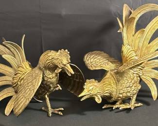 Pair Brass Rooster Sculptures Made in Japan Decorative Figures
