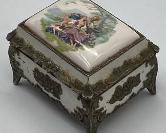 Vintage PorcelainMounted Metal Trinket Box with Romantic Figural Scene