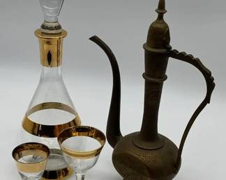 Vintage handetched brass ewer,  midcentury modern goldbanded liquor decanter w cordial glasses