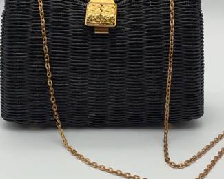 Vintage Black Wicker Evening Bag with Gold Chain Vanessa