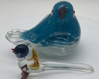 Pair of Vintage Art Glass Bird Figurines, Blue Clear Glass
