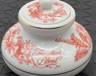 Vintage Mlesna Sri Lanka ceramic tea caddy with Travellers Blend inscription.