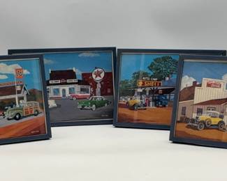 Framed lithographs of classic American diners and automobiles by Stan Cline