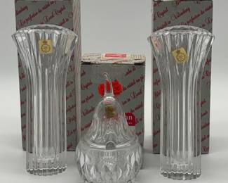 Nachtmann crystal pearshaped dish with lid and a pair of Nachtmann crystal vases 