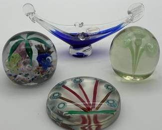 Murano glass ashtray and Hand Blown art glass paperweights 