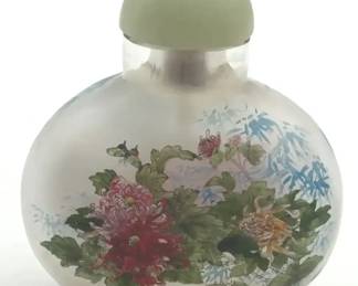 Small vintage floral glass perfume vanity bottle with corked glass stopper.