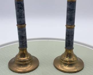 Pair of Brass Candlesticks With A Octogonal Brass Trinket Box