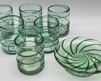 HandBlown Mexican Green Swirl Glass Tumblers with Matching Plate