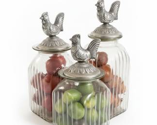 Vintage Pewter Rooster Top Glass Canisters