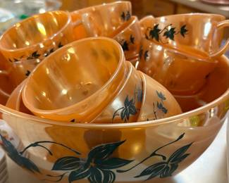 Fire-King Peach Lusterware Punch Bowl Set with Ivy Leaf Design