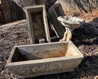 Vintage Cast Stone Rectangular Planters and Bird Bath with Fleur-de-Lis Motif