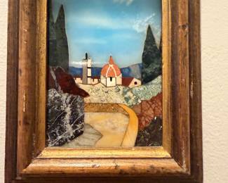 Vintage Florentine Pietra Dura Barn In Landscape Scene Art 