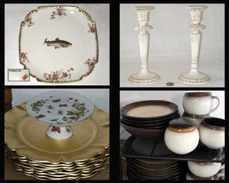 Limoges Fish Plate, Italian Candle Holders, Gold Colored Chargers, Small Butterfly Compote and Pier 1 Dishes 