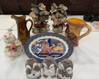 various vintage pitchers, plates, Christmas decor