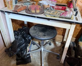 Vintage Porcelain Top Table. Rolling Stool