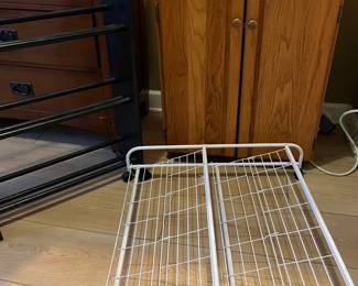 multiple types of shoe racks, rolling wood cabinet & drawer