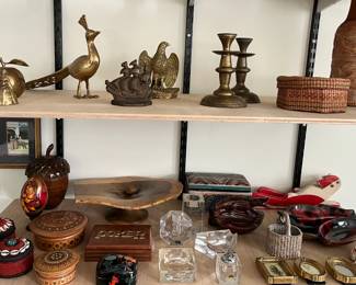 home decor - brass, carved wood, keepsake boxes, ashtrays, lighter, etc. mostly vintage.