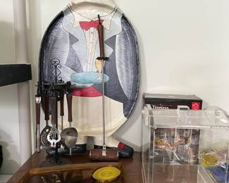 penguin bar tray that is also ready to hang on the wall, vintage trays & barware, new in box crystal glasses, vintage lucite ice bucket