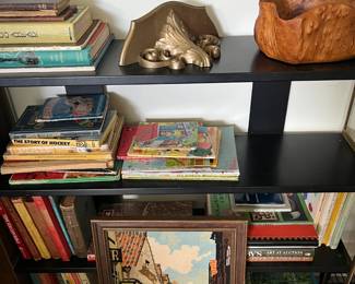 vintage books, wood basket, crewel street scene