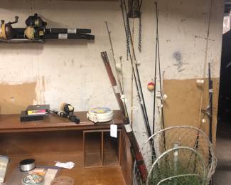 Desk, fishing poles