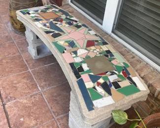 Mosaic Tile/Concrete Bench for Outdoor Seating/Patios, Tile Top w/Concrete Blocks