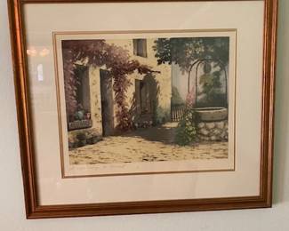 Print of a European Courtyard - "Sunlit Villa", Framed & Matted, 30"W x 26"H