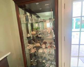 Vintage Dual-side Entry Mirrored Back Curio Display Cabinet, Cherry Wood Finish, Illuminating Light and Four Glass Shelves, 30"W x 14"D x 76"T