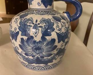 Vintage Chinese Floral Design Blue/White Pitcher, 8"T