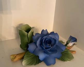 Capodimonte 1970's, Blue Rose on Leaf Porcelain Figurine 