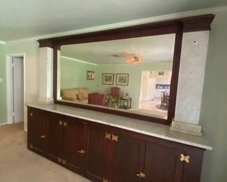 Antique Bar Back - Wood w/Marble Columns & Counter Top, Lower Storage Cabinets, Taken out of a Drug Store in Pharr, Texas, 10'W x 18"D x 88"T