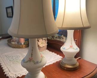 Vintage Milk Glass Tabletop Lamps (Pair), Hand-Painted Floral Design w/Brass Base