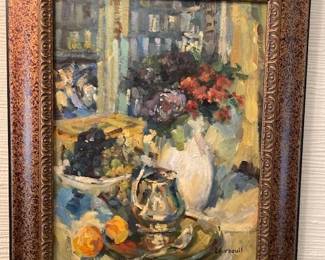 Vintage Still-Life Oil Painting "Ceramics & Oranges w/Teapot" by Larboult, Matted & Framed 
