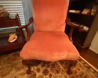 Pair Vintage Mid-Century Queen Anne Style Coral Valour Arm Chairs, Carved Wood Arms & Legs, Ball & Claw Feet, 27"W x 24"D x 41"H