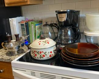 Sheffield "Strawberries & Cream" covered pan, cookbooks, coffee maker, dishes