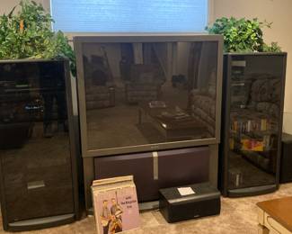 Infinity Surround Sound system, Sony Receiver, DVD and VHS, Cabinets for equipment (2), large TV, vinyl records