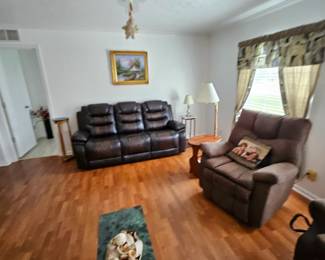 Barely used Leather sofa, accent tables, lamp, wall decor,  and marble coffee table