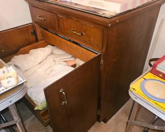 linen cabinet sold separately,  linens, quaker lace cloths, & etc