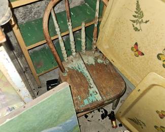 chippy paint old chair, lower level. TV trays (4) as a set