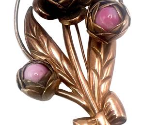 Retro 1940s Floral Spray Brooch w/ Pink Cabochons.