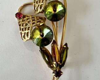 Vintage Green AB Rivoli Crystal Floral Brooch