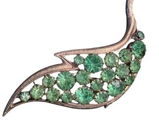 Vntg Mid Century Green Leaf Rhinestone Statement Brooch