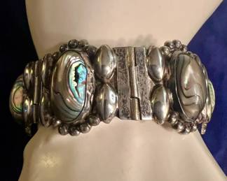 1940s Retro Sterling Silver Abalone Mexico Panel Link Bracelet.