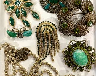 Green Malachite, Green Crystals Vintage Brooches