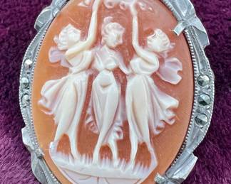 Sterling Silver Carved Shell Cameo w/ Marcasites; The Three Graces.