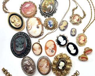 Vintage & Antique Carved Shell Cameos - Gold, Sterling Silver, GF & Costume.