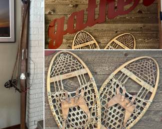 Vintage wood skis, snowshoes & "gather" sign