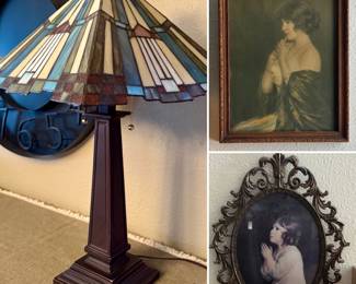 Heavy stained glass lamp & vintage photographs