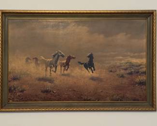 Running horses vintage framed "painting"
