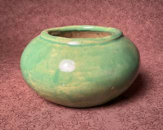 Mystery Art Pottery Low Vase Green Glaze marked Plymouth Pottery signed WC